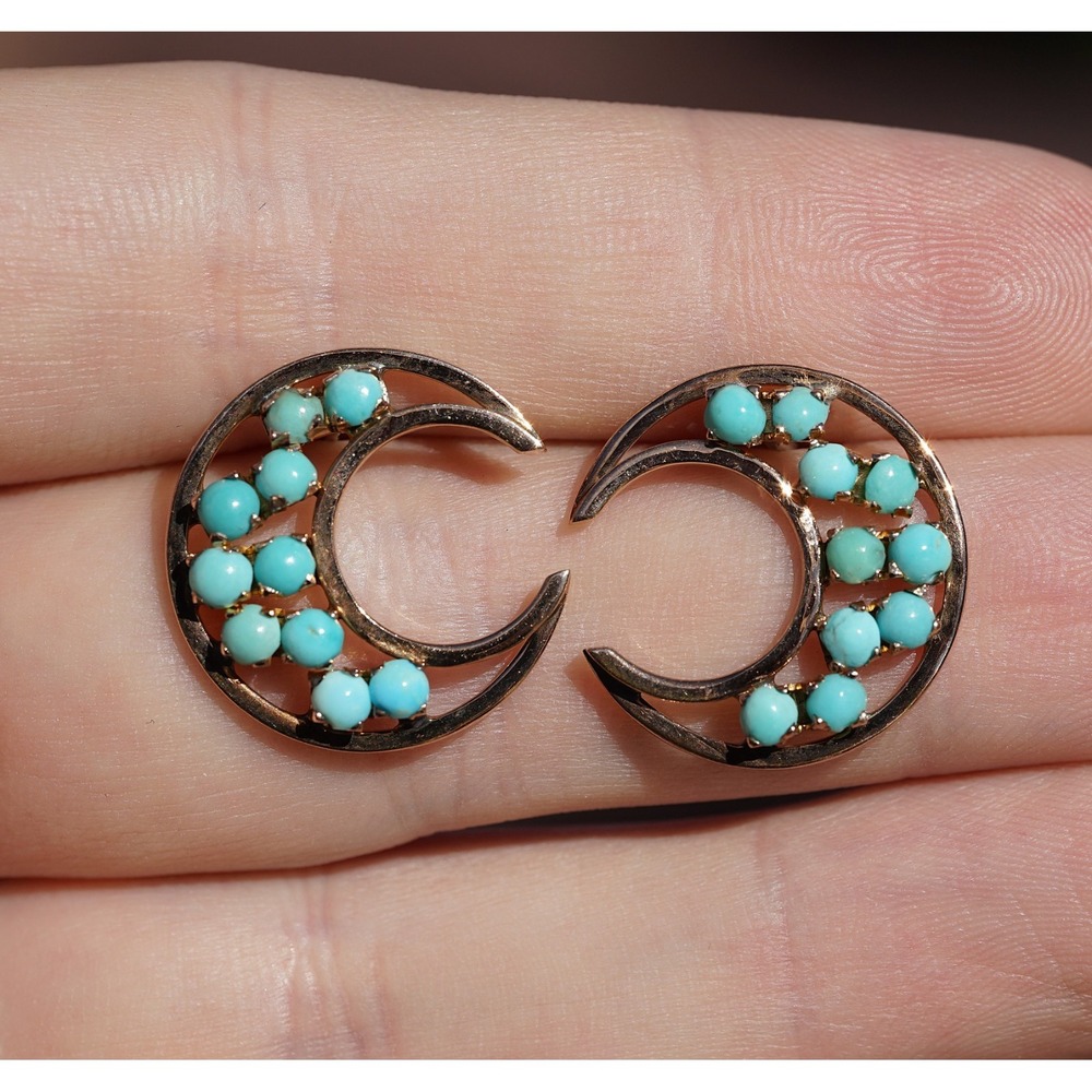 Vintage 10-14k Solid Gold Natural Persian Turquoise Crescent Moon Stud Earrings